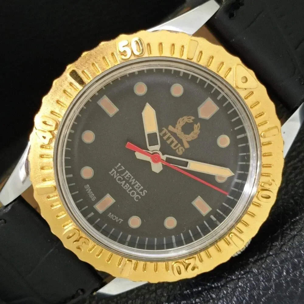 Vintage 1974 Titus Manual Mens Silver Watch W/Leather Strap & Gold accents